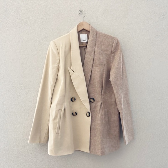 Acler Belvue Linen Blazer Jacket Double Breasted Two Tone Color Block Tan 8 NWOT - Picture 5 of 14